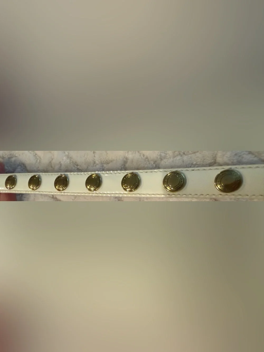 Coach White Patent Leather Vintage Skinny Belt Gold Stud Logo Accents sz S
